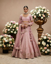 Twamev Women Dusty Pink Floral Embroidered Lehenga with Darbar, Floral Buta Motifs And Tassel Trims