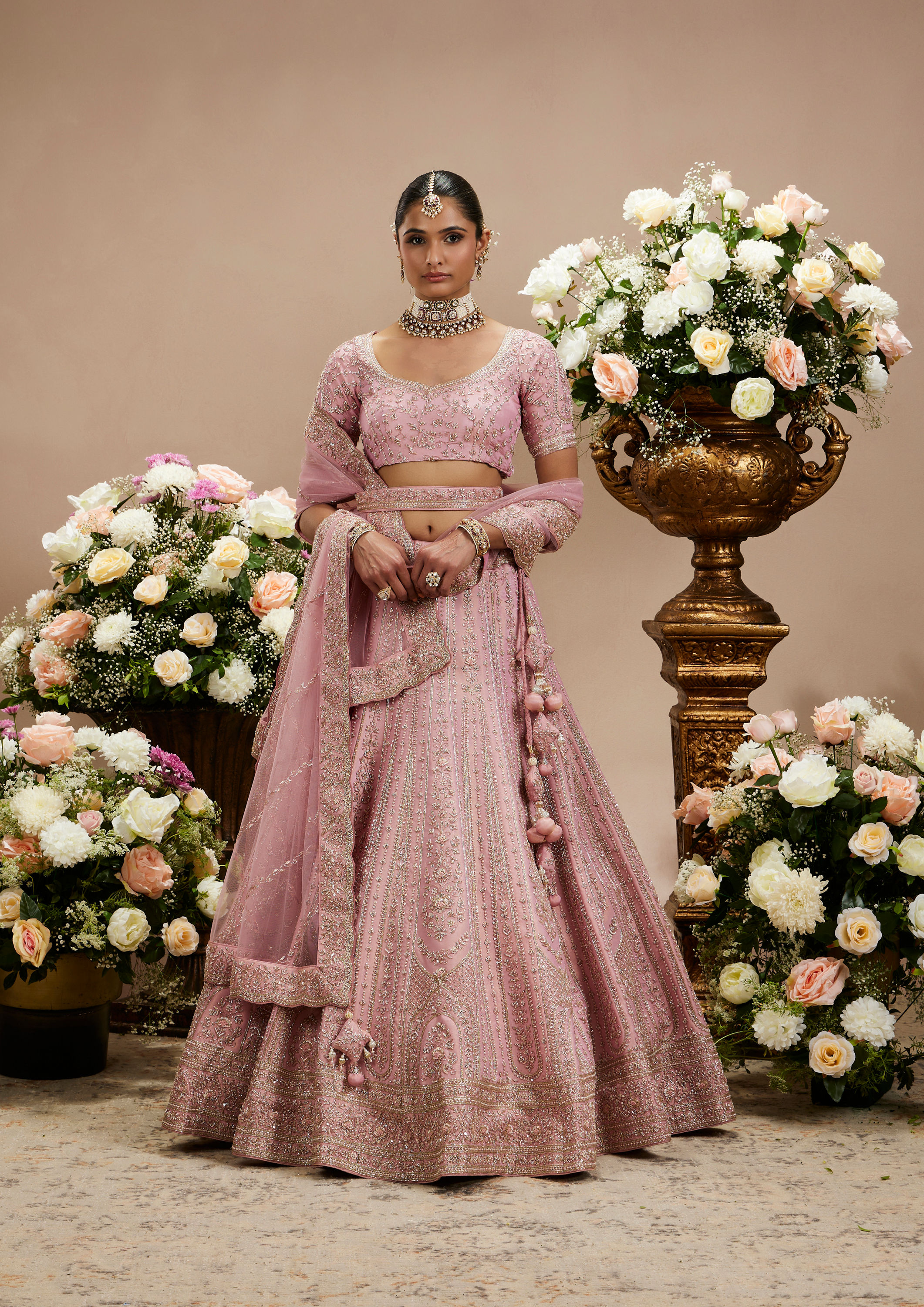 Twamev Women Dusty Pink Floral Embroidered Lehenga with Darbar, Floral Buta Motifs And Tassel Trims