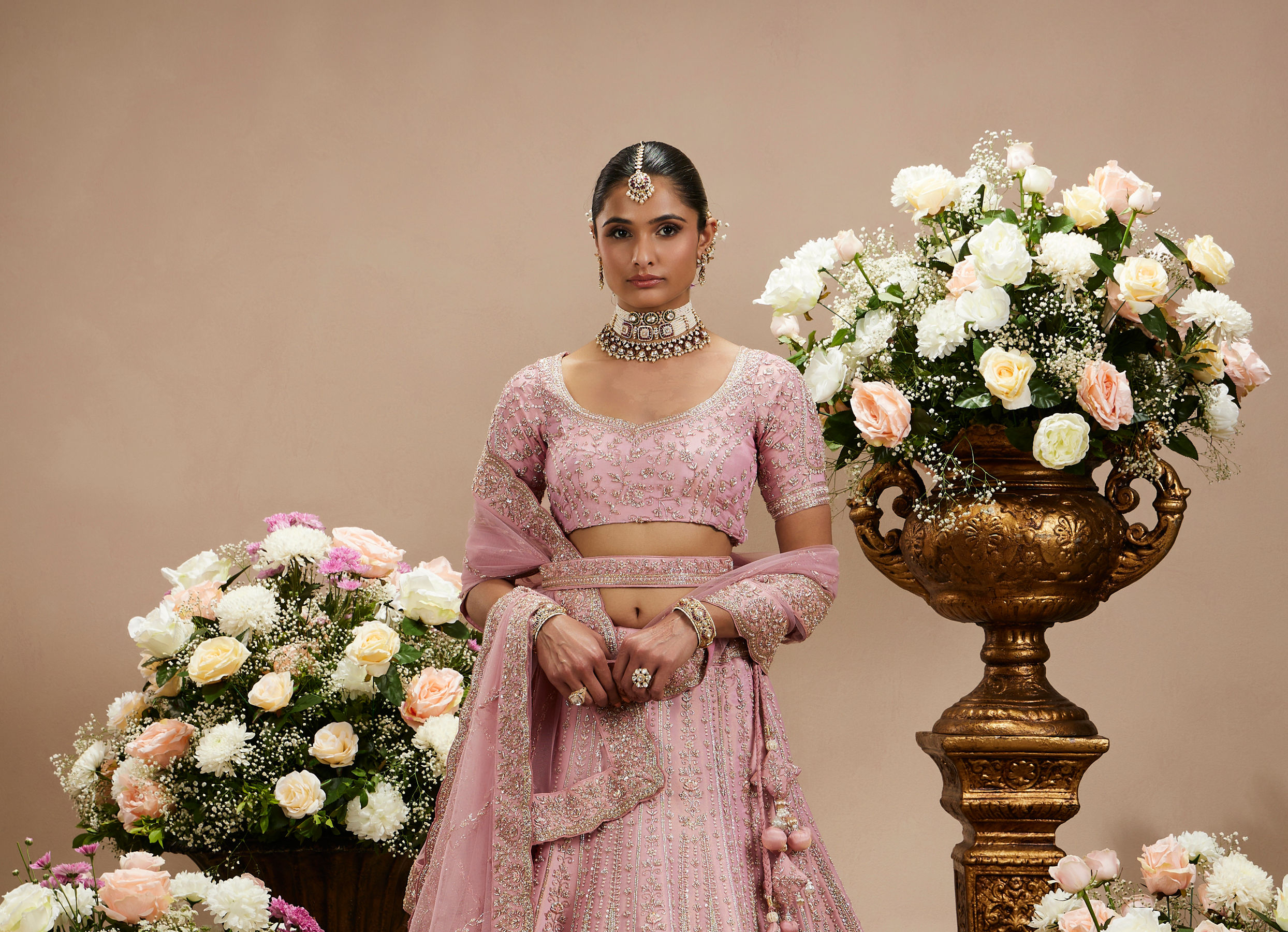 Twamev Women Dusty Pink Floral Embroidered Lehenga with Darbar, Floral Buta Motifs And Tassel Trims