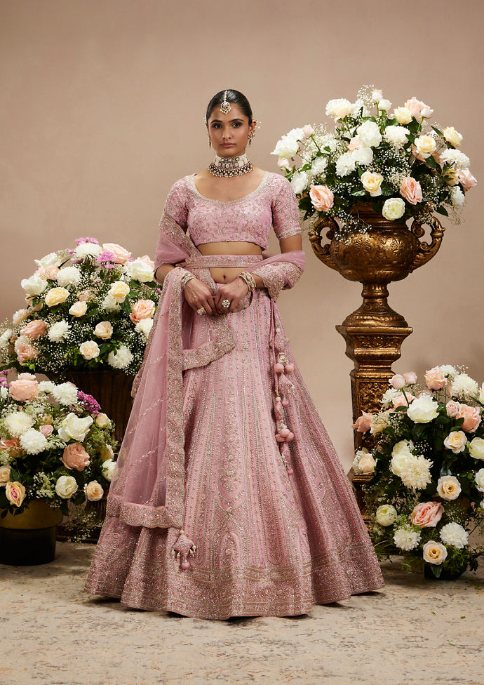 Twamev Women Dusty Pink Floral Embroidered Lehenga with Darbar, Floral Buta Motifs And Tassel Trims