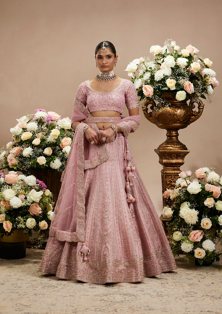 Twamev Women Dusty Pink Floral Embroidered Lehenga with Darbar, Floral Buta Motifs And Tassel Trims