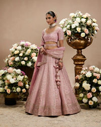 Twamev Women Dusty Pink Floral Embroidered Lehenga with Darbar, Floral Buta Motifs And Tassel Trims