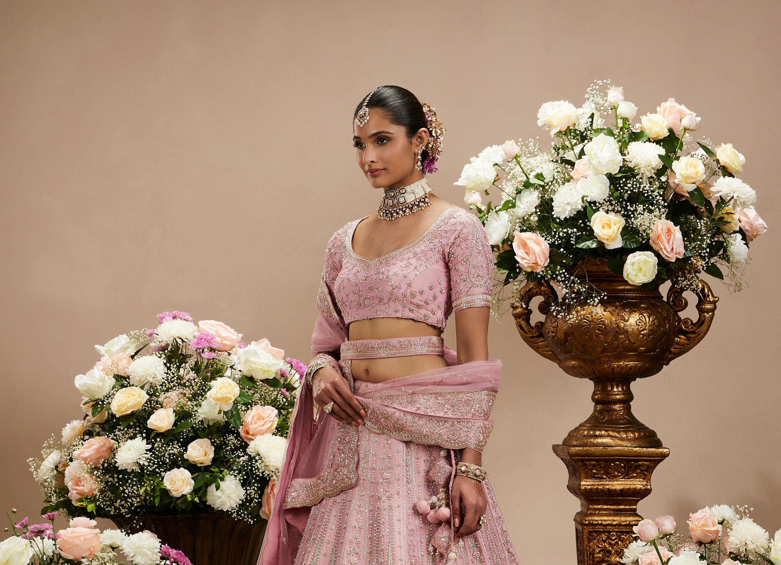 Twamev Women Dusty Pink Floral Embroidered Lehenga with Darbar, Floral Buta Motifs And Tassel Trims