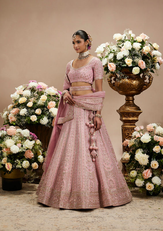 Twamev Women Dusty Pink Floral Embroidered Lehenga with Darbar, Floral Buta Motifs And Tassel Trims