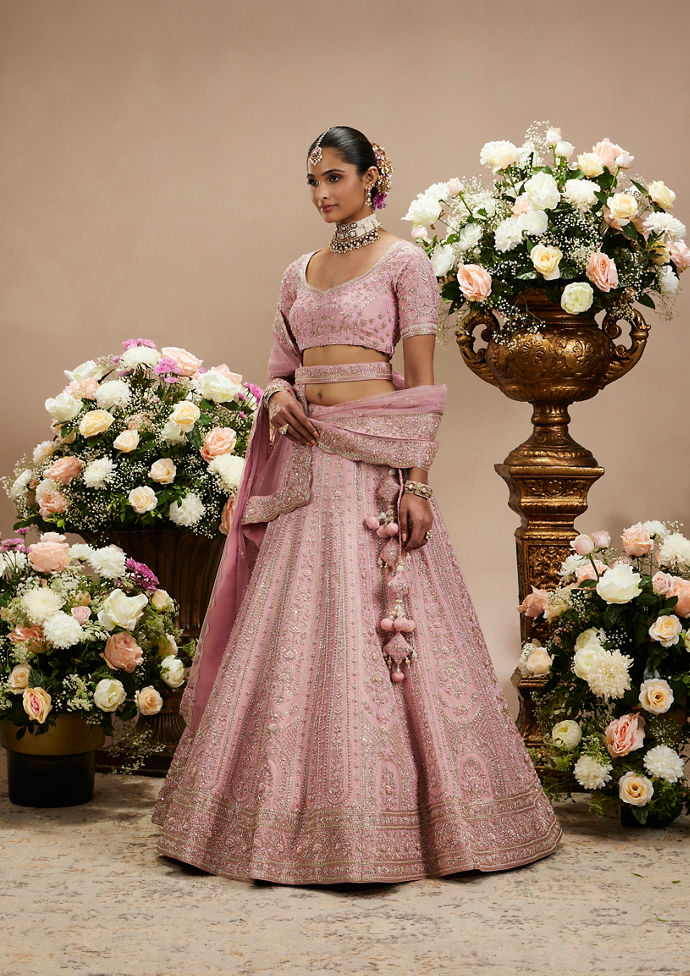 Twamev Women Dusty Pink Floral Embroidered Lehenga with Darbar, Floral Buta Motifs And Tassel Trims