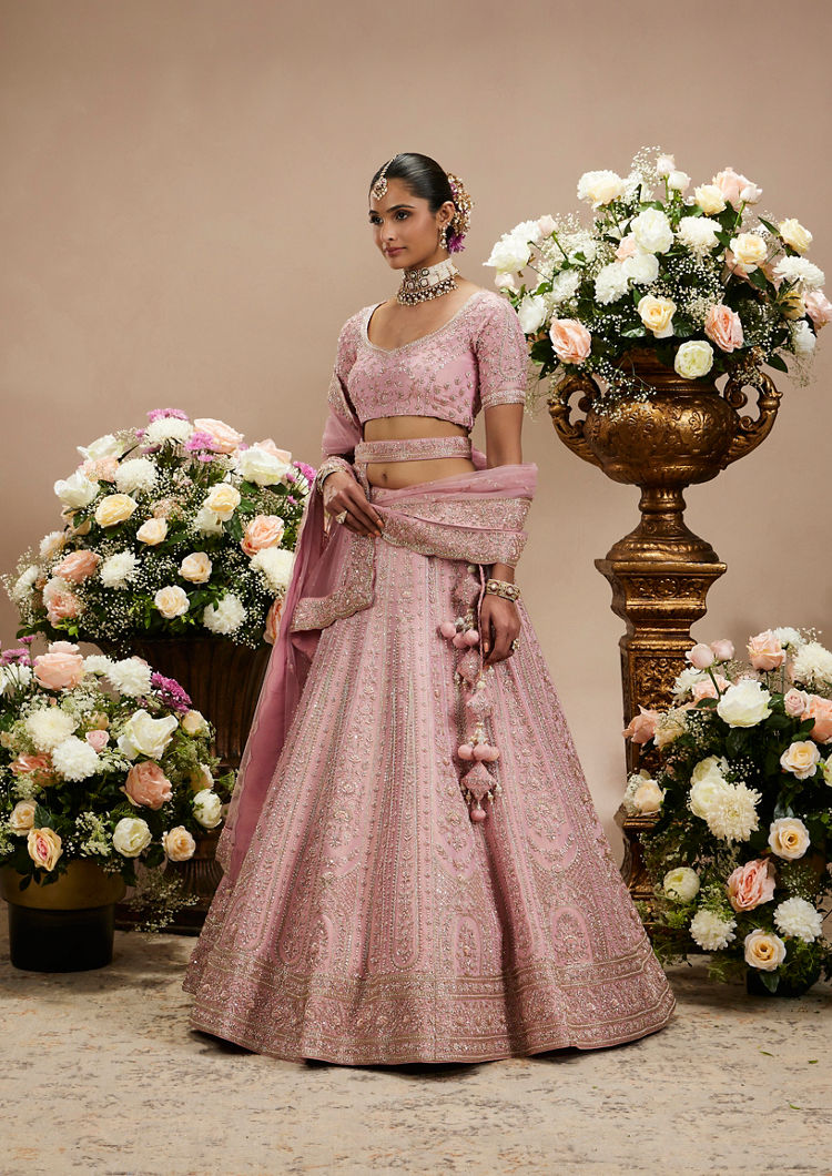 Twamev Women Dusty Pink Floral Embroidered Lehenga with Darbar, Floral Buta Motifs And Tassel Trims