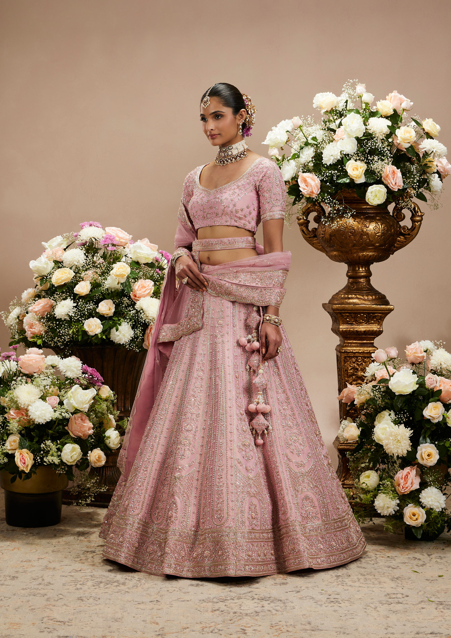 Twamev Women Dusty Pink Floral Embroidered Lehenga with Darbar, Floral Buta Motifs And Tassel Trims