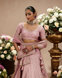 Twamev Women Dusty Pink Floral Embroidered Lehenga with Darbar, Floral Buta Motifs And Tassel Trims