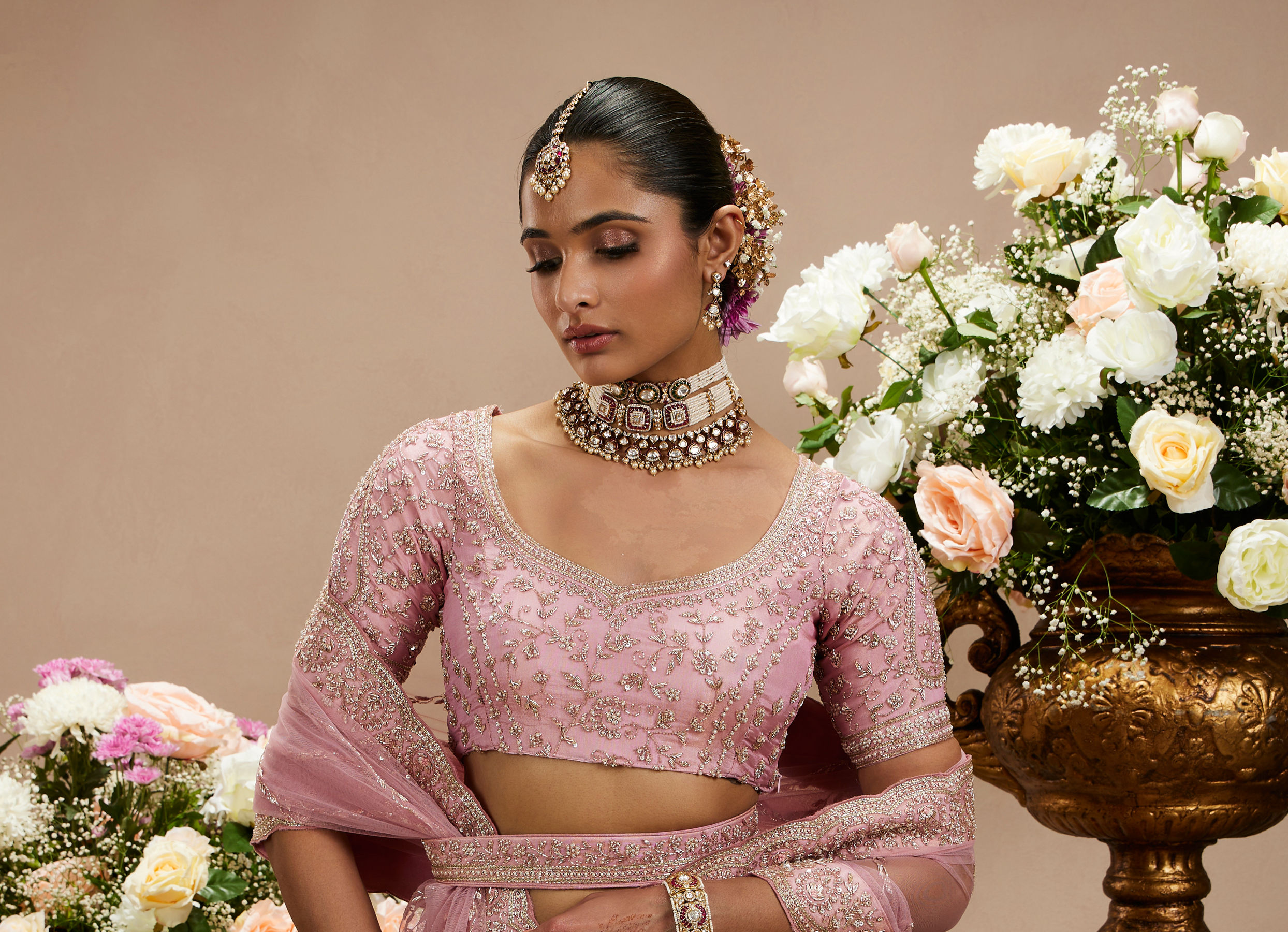 Twamev Women Dusty Pink Floral Embroidered Lehenga with Darbar, Floral Buta Motifs And Tassel Trims