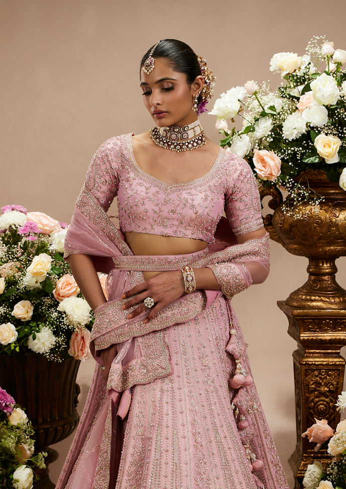 Twamev Women Dusty Pink Floral Embroidered Lehenga with Darbar, Floral Buta Motifs And Tassel Trims