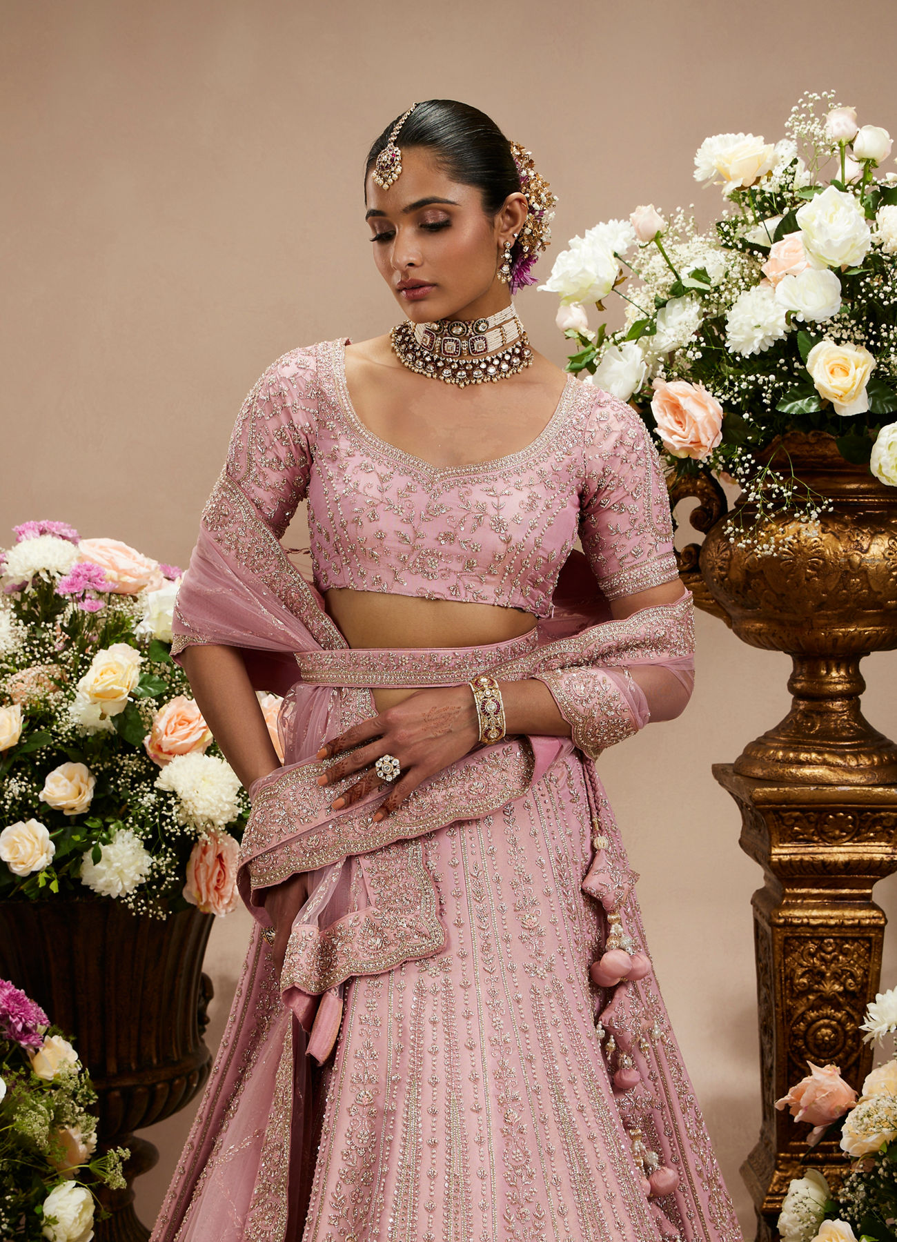 Twamev Women Dusty Pink Floral Embroidered Lehenga with Darbar, Floral Buta Motifs And Tassel Trims