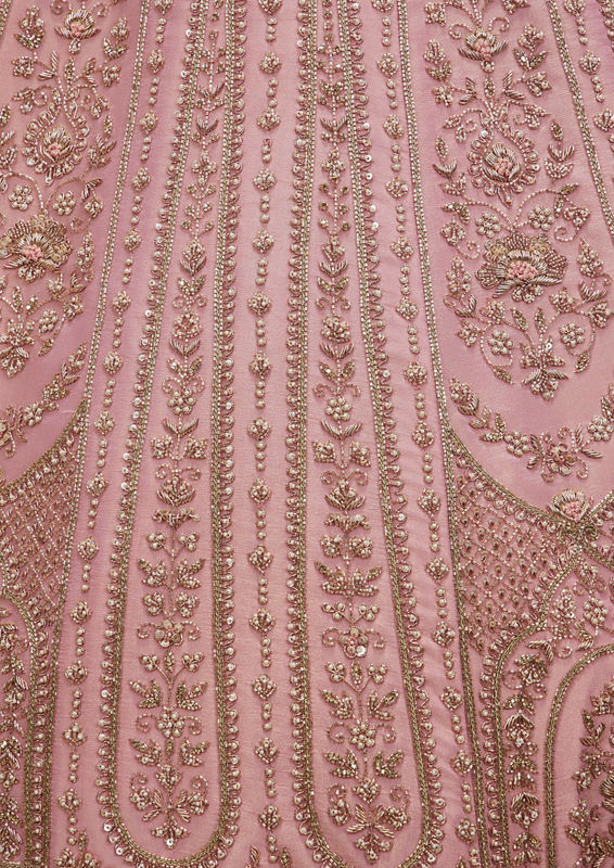 Twamev Women Dusty Pink Floral Embroidered Lehenga with Darbar, Floral Buta Motifs And Tassel Trims