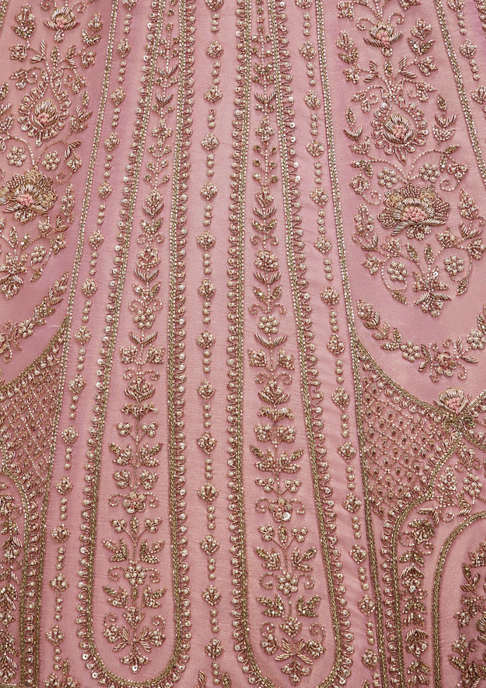 Twamev Women Dusty Pink Floral Embroidered Lehenga with Darbar, Floral Buta Motifs And Tassel Trims