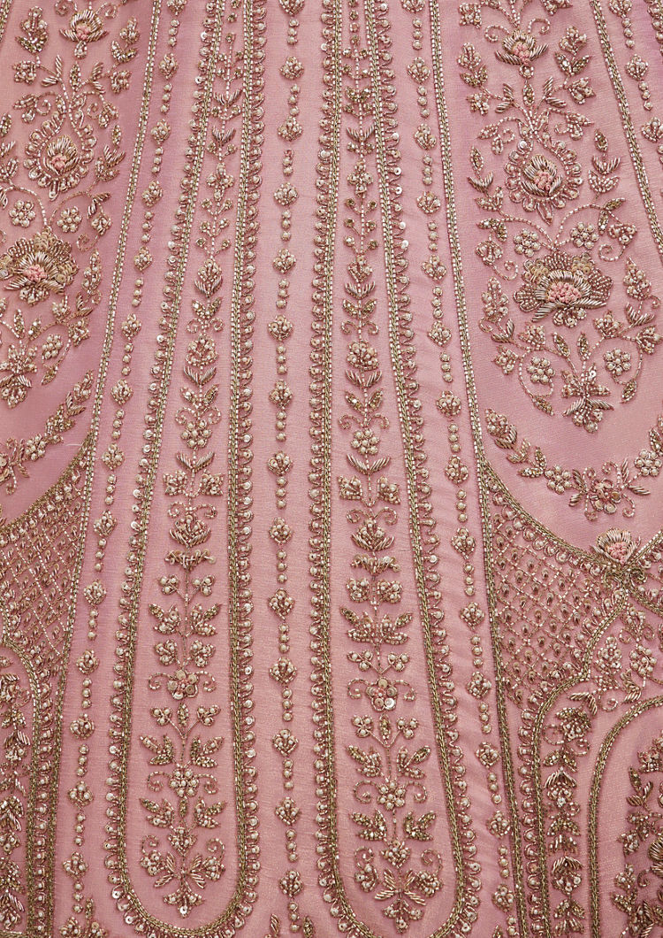 Twamev Women Dusty Pink Floral Embroidered Lehenga with Darbar, Floral Buta Motifs And Tassel Trims