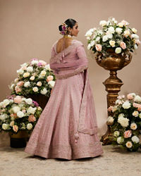 Twamev Women Dusty Pink Floral Embroidered Lehenga with Darbar, Floral Buta Motifs And Tassel Trims