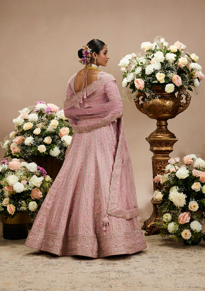 Twamev Women Dusty Pink Floral Embroidered Lehenga with Darbar, Floral Buta Motifs And Tassel Trims