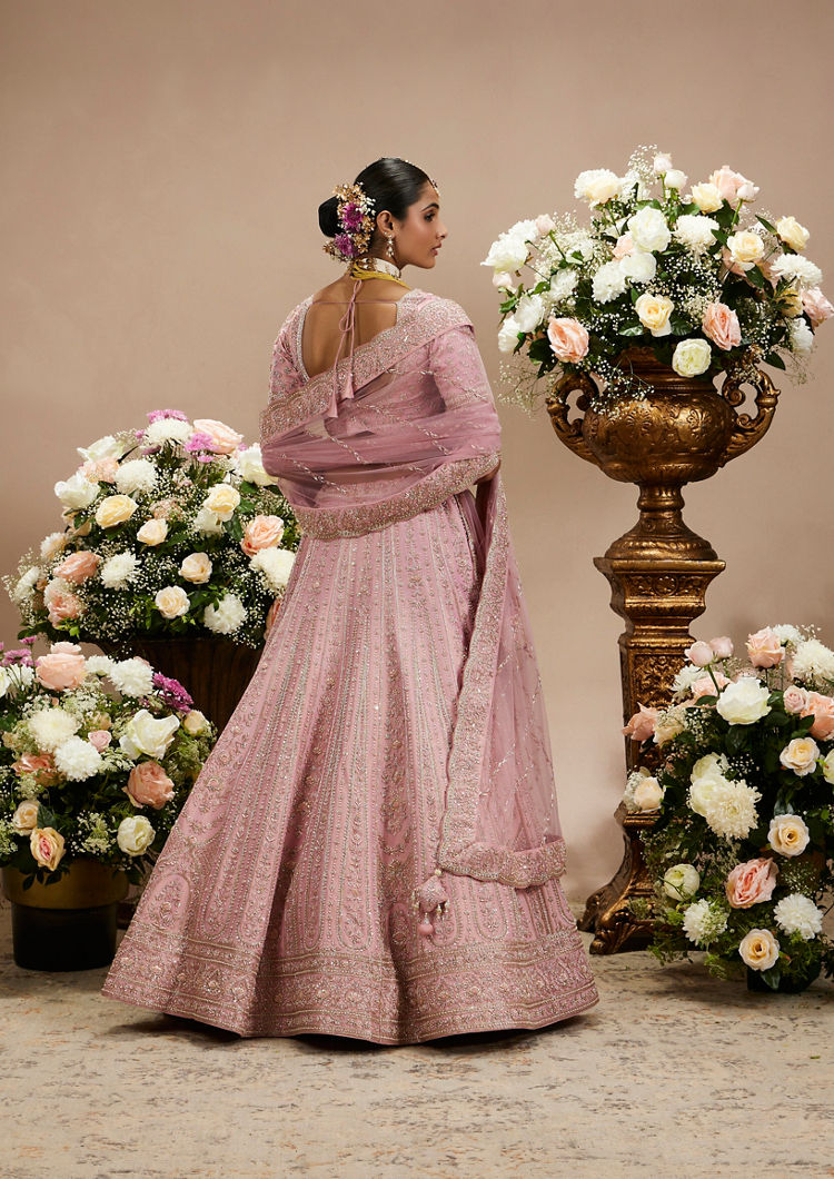 Twamev Women Dusty Pink Floral Embroidered Lehenga with Darbar, Floral Buta Motifs And Tassel Trims