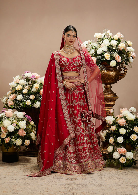 Twamev Women Radiant Red Silk Bridal Lehenga