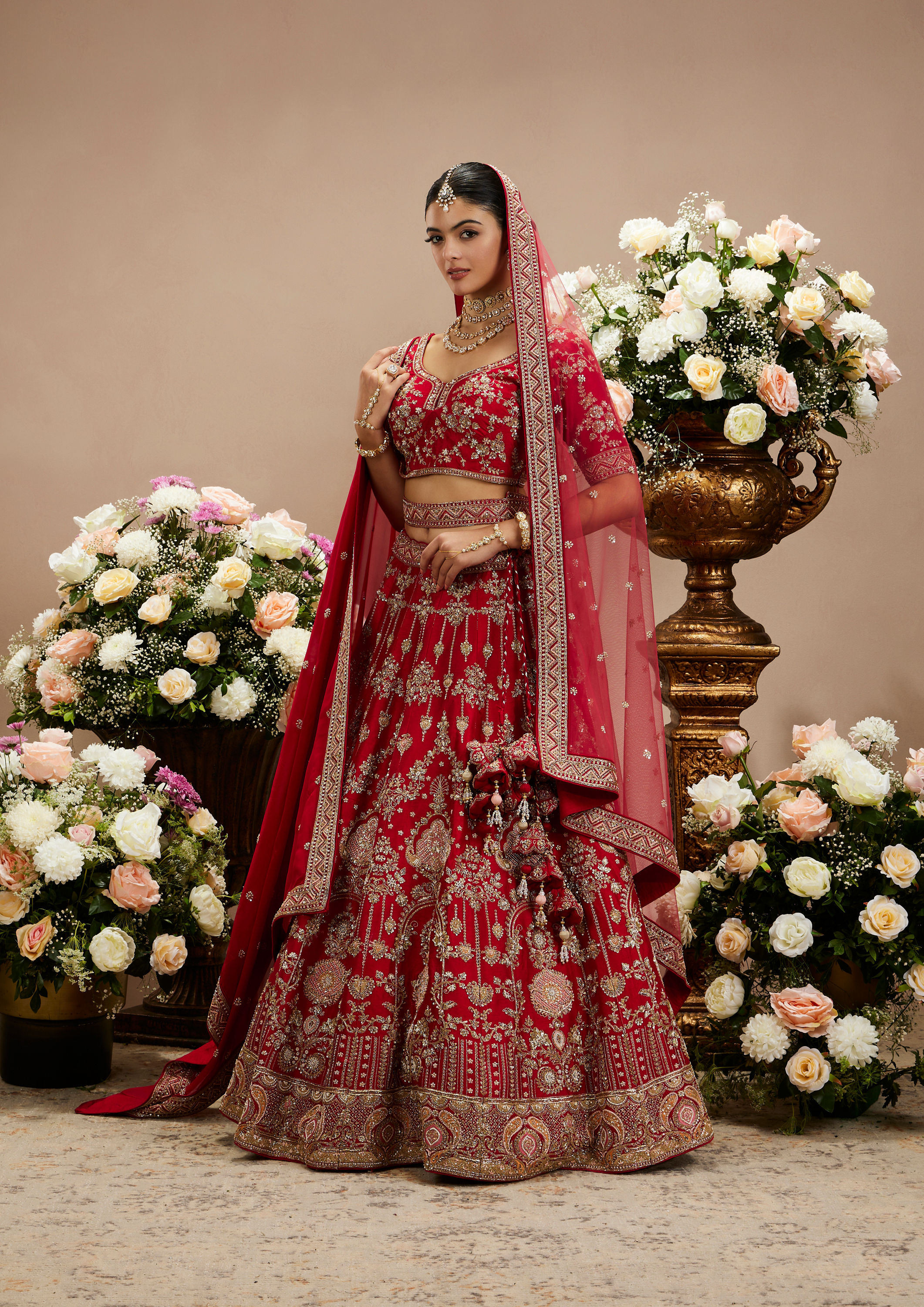 Twamev Women Radiant Red Silk Bridal Lehenga