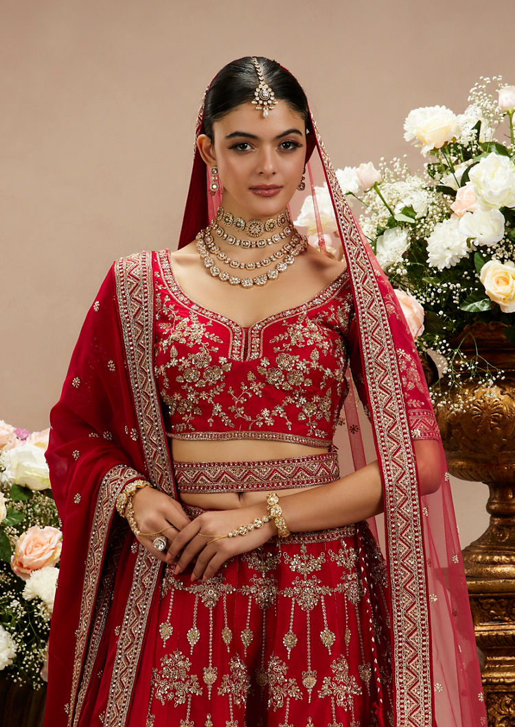 Twamev Women Radiant Red Silk Bridal Lehenga