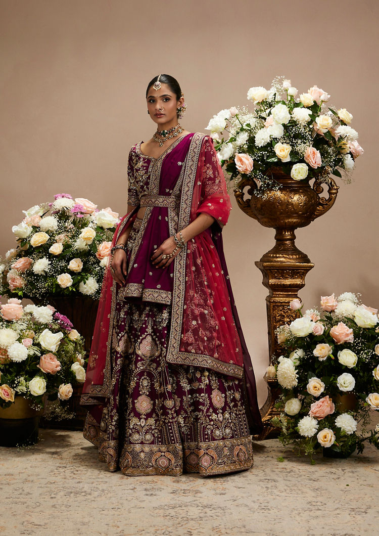 Twamev Women Wine Enchanted Silk Bridal Lehenga