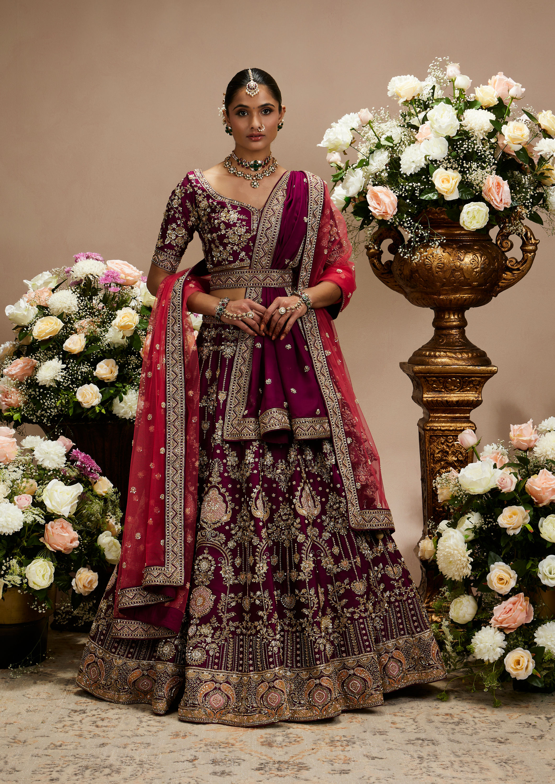 Twamev Women Wine Enchanted Silk Bridal Lehenga