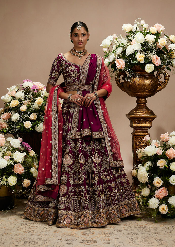 Twamev Women Wine Purple Zari Embroidered Lehenga with Medallion And Buta Motifs
