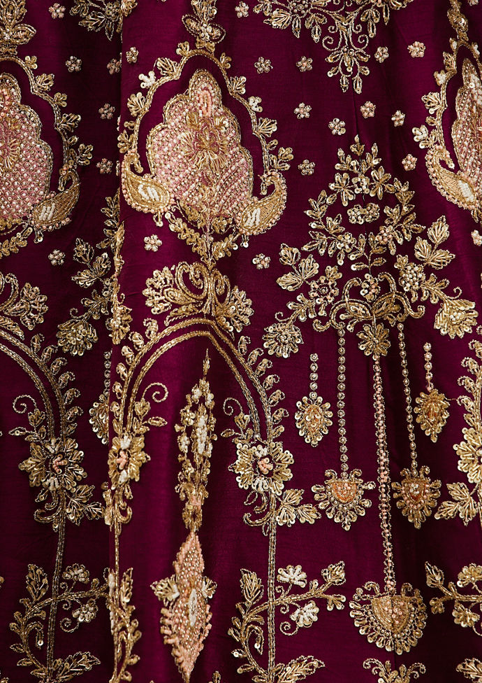 Twamev Women Wine Purple Zari Embroidered Lehenga with Medallion And Buta Motifs