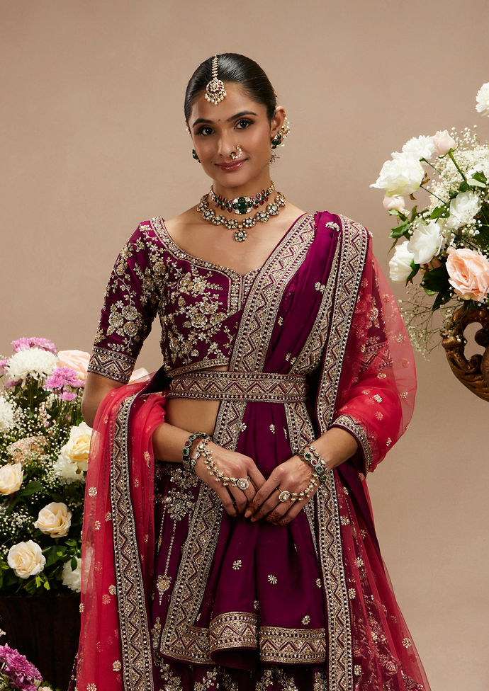 Twamev Women Wine Purple Zari Embroidered Lehenga with Medallion And Buta Motifs