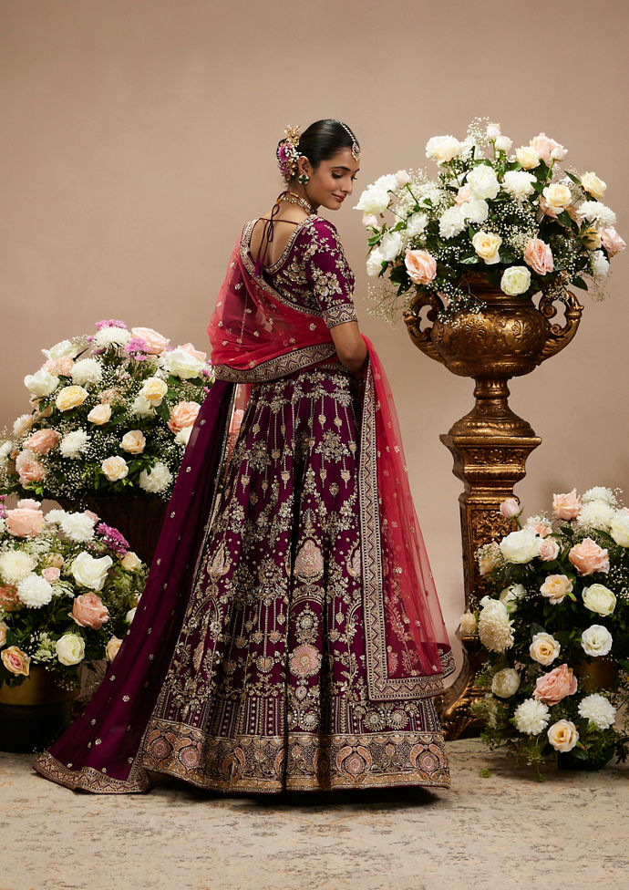 Twamev Women Wine Purple Zari Embroidered Lehenga with Medallion And Buta Motifs