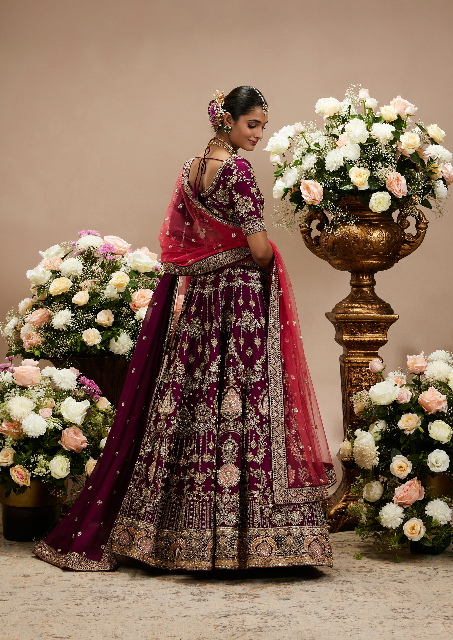 Twamev Women Wine Enchanted Silk Bridal Lehenga