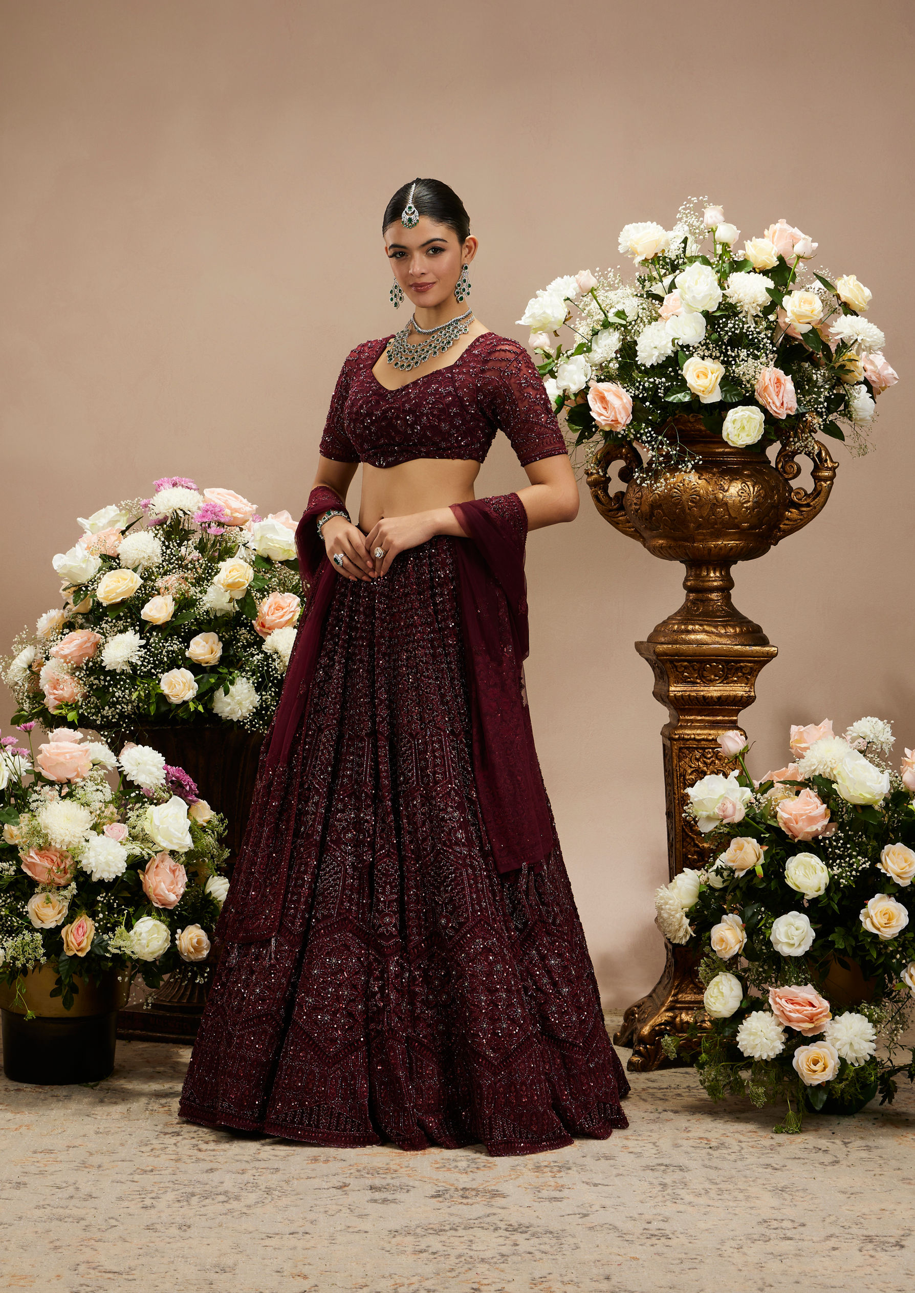 Twamev Women Wine Embellished Lehenga