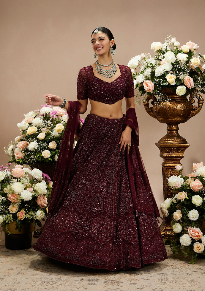 Twamev Women Wine Embellished Lehenga