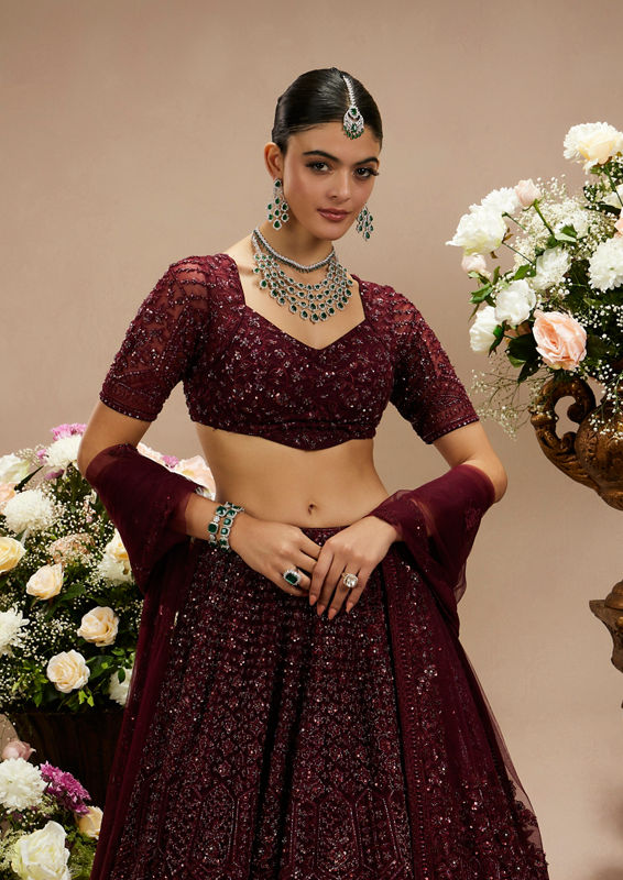 Twamev Women Wine Embellished Lehenga