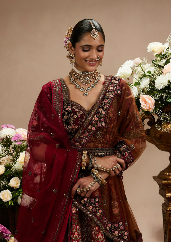 Twamev Women Maroon Grandeur Bridal Lehenga