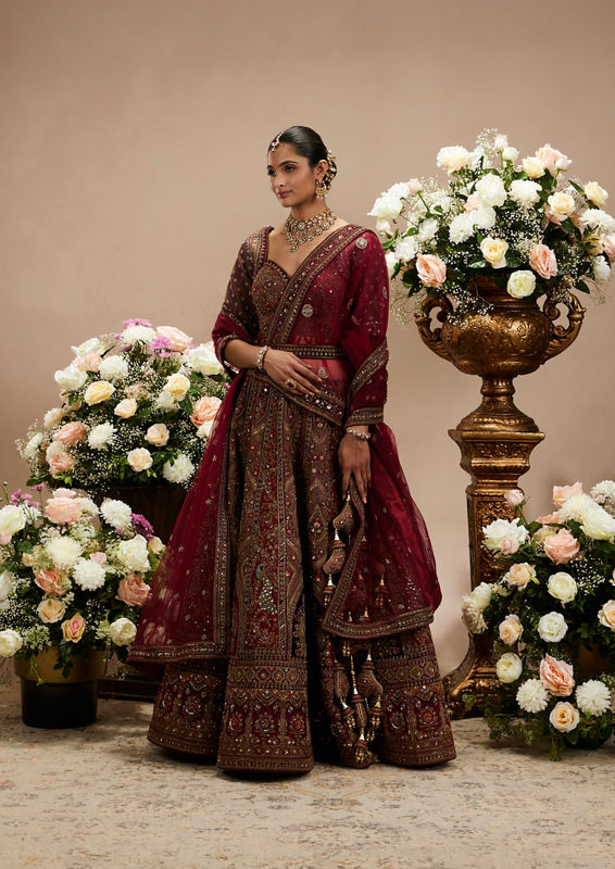 Twamev Women Maroon Red Jhallar Patterned Lehenga with Peacock And Pillow Trim Latkans