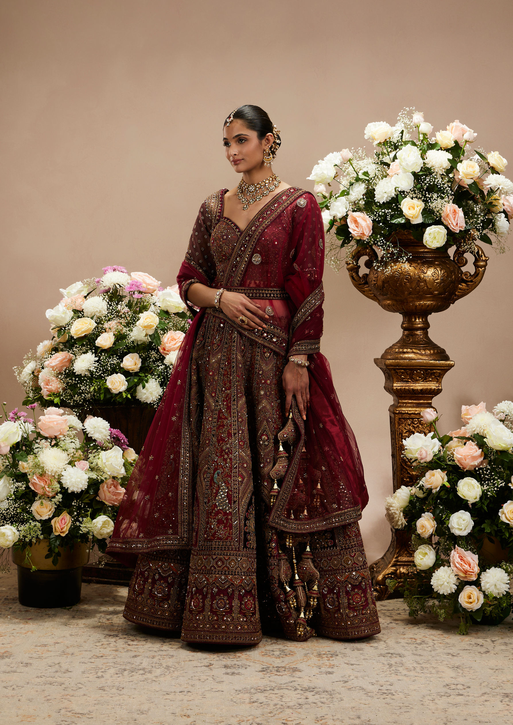 Twamev Women Maroon Red Jhallar Patterned Lehenga with Peacock And Pillow Trim Latkans
