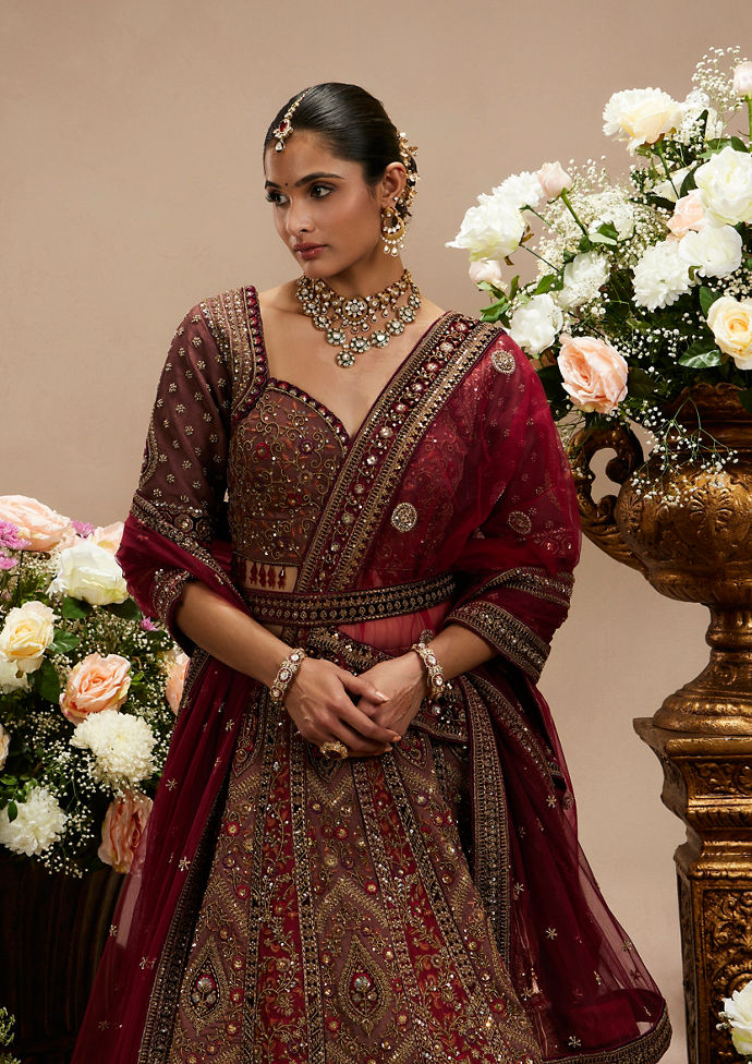 Twamev Women Maroon Red Jhallar Patterned Lehenga with Peacock And Pillow Trim Latkans