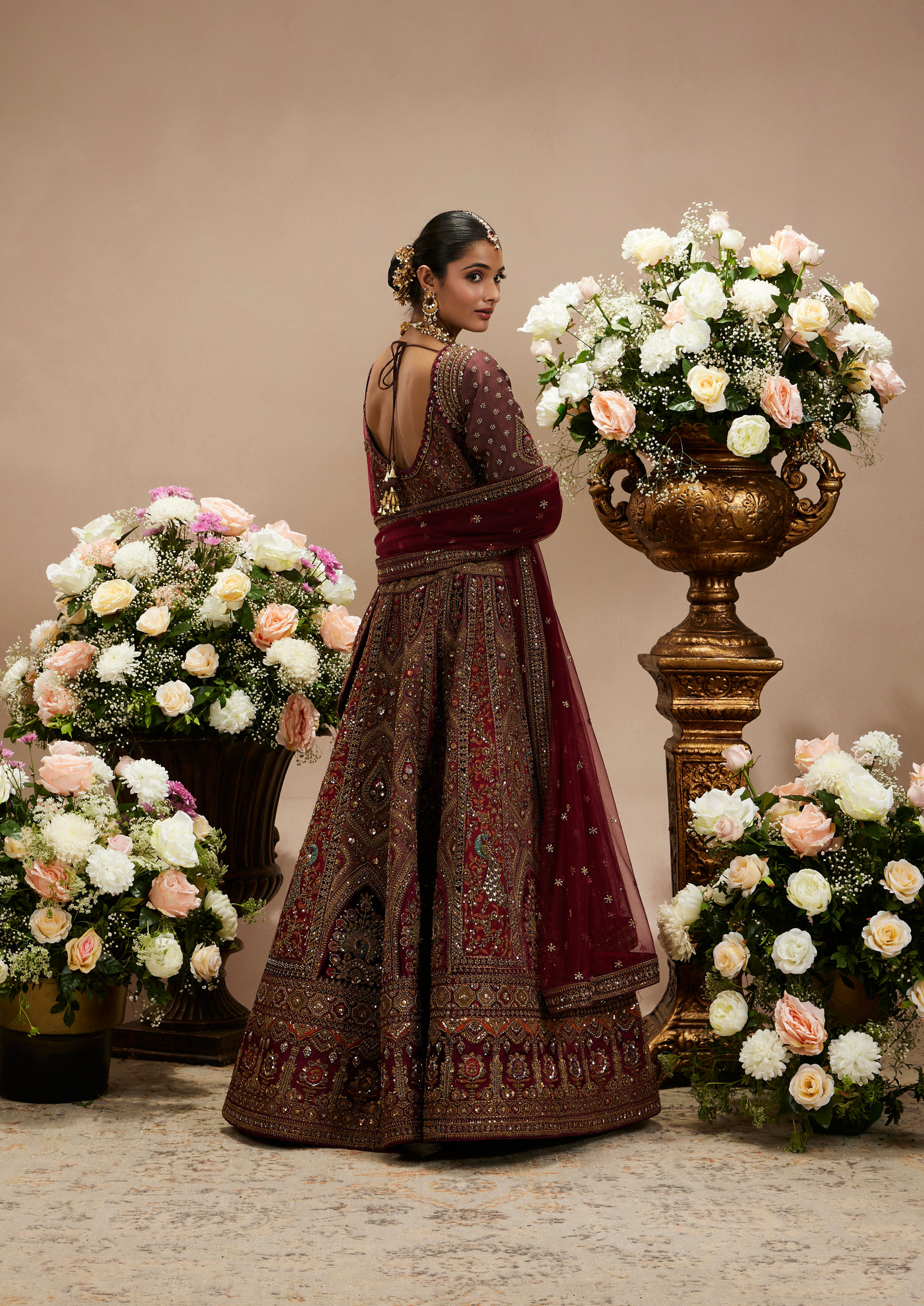 Twamev Women Maroon Red Jhallar Patterned Lehenga with Peacock And Pillow Trim Latkans