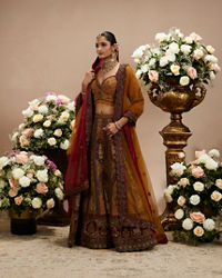 Twamev Women Buttercup Yellow Zari Embroidered Lehenga with Darbar Motifs And Floral Butas