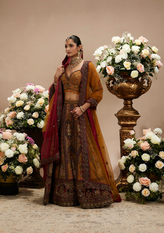 Twamev Women Buttercup Yellow Zari Embroidered Lehenga with Darbar Motifs And Floral Butas