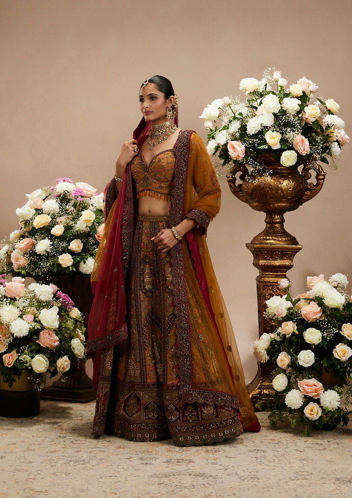 Twamev Women Buttercup Yellow Zari Embroidered Lehenga with Darbar Motifs And Floral Butas