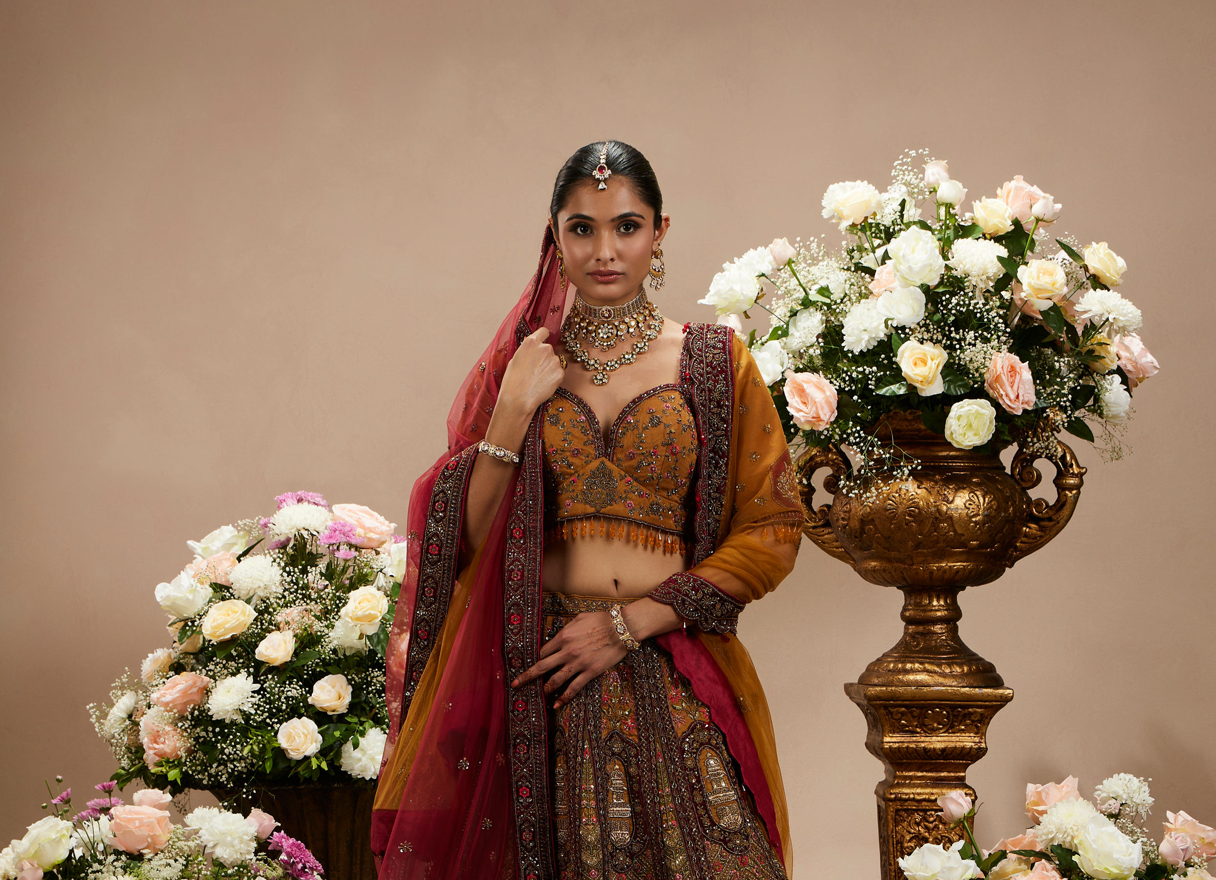 Twamev Women Buttercup Yellow Zari Embroidered Lehenga with Darbar Motifs And Floral Butas