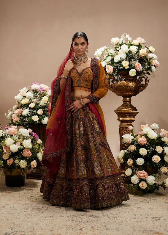 Twamev Women Buttercup Yellow Zari Embroidered Lehenga with Darbar Motifs And Floral Butas