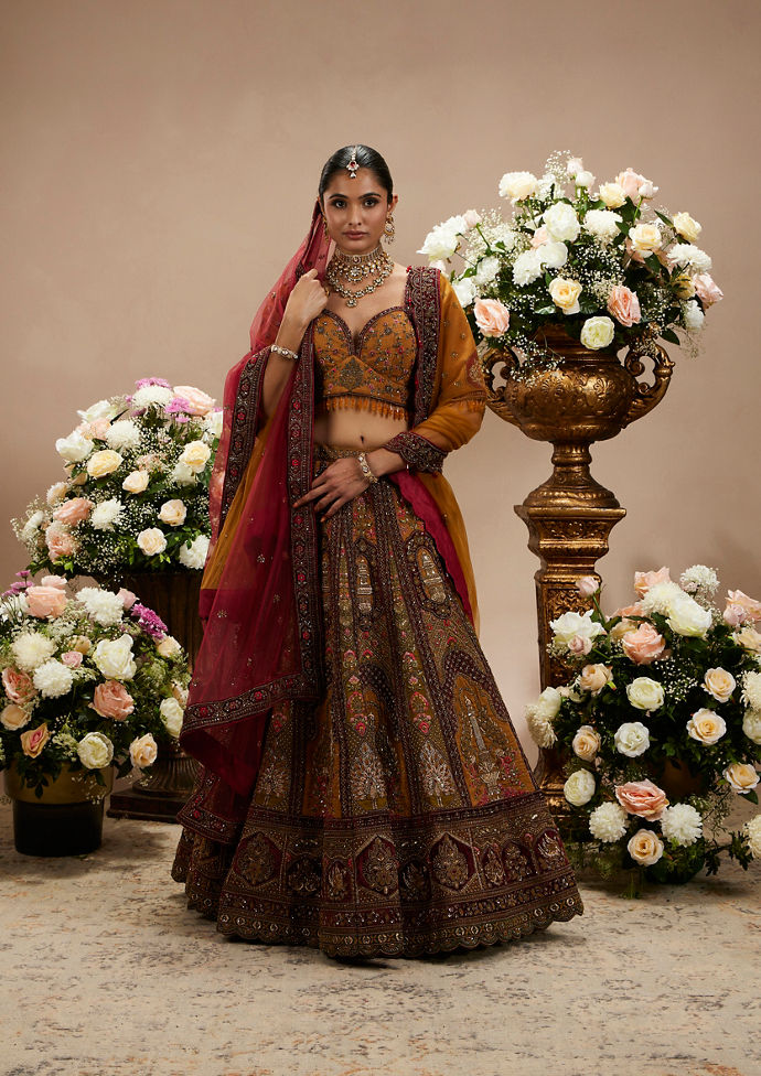Twamev Women Buttercup Yellow Zari Embroidered Lehenga with Darbar Motifs And Floral Butas