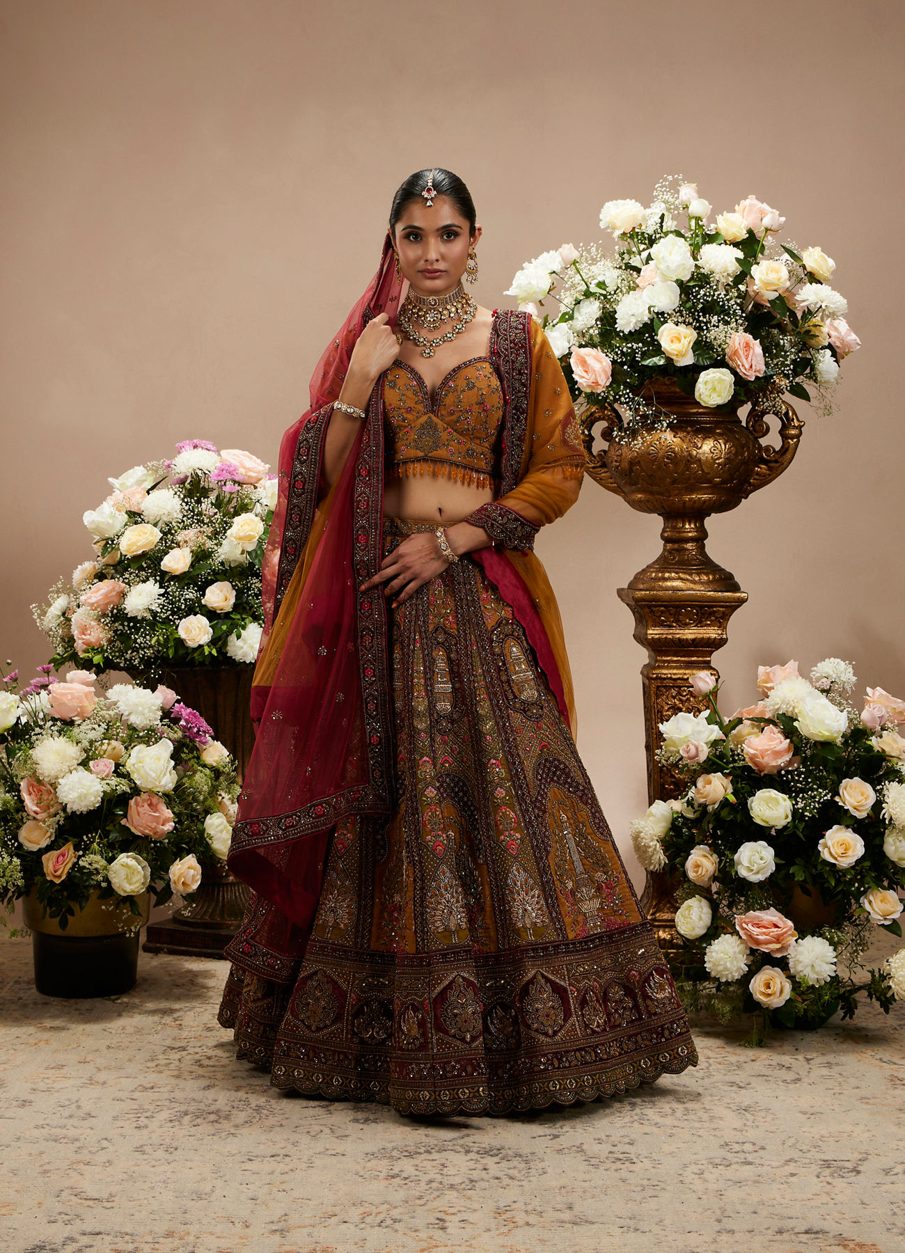 Twamev Women Buttercup Yellow Zari Embroidered Lehenga with Darbar Motifs And Floral Butas