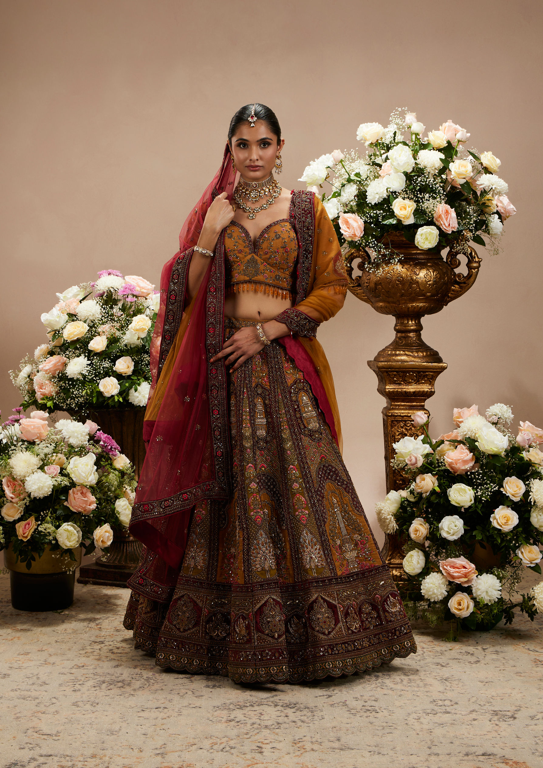 Twamev Women Buttercup Yellow Zari Embroidered Lehenga with Darbar Motifs And Floral Butas