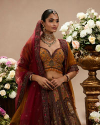 Twamev Women Buttercup Yellow Zari Embroidered Lehenga with Darbar Motifs And Floral Butas