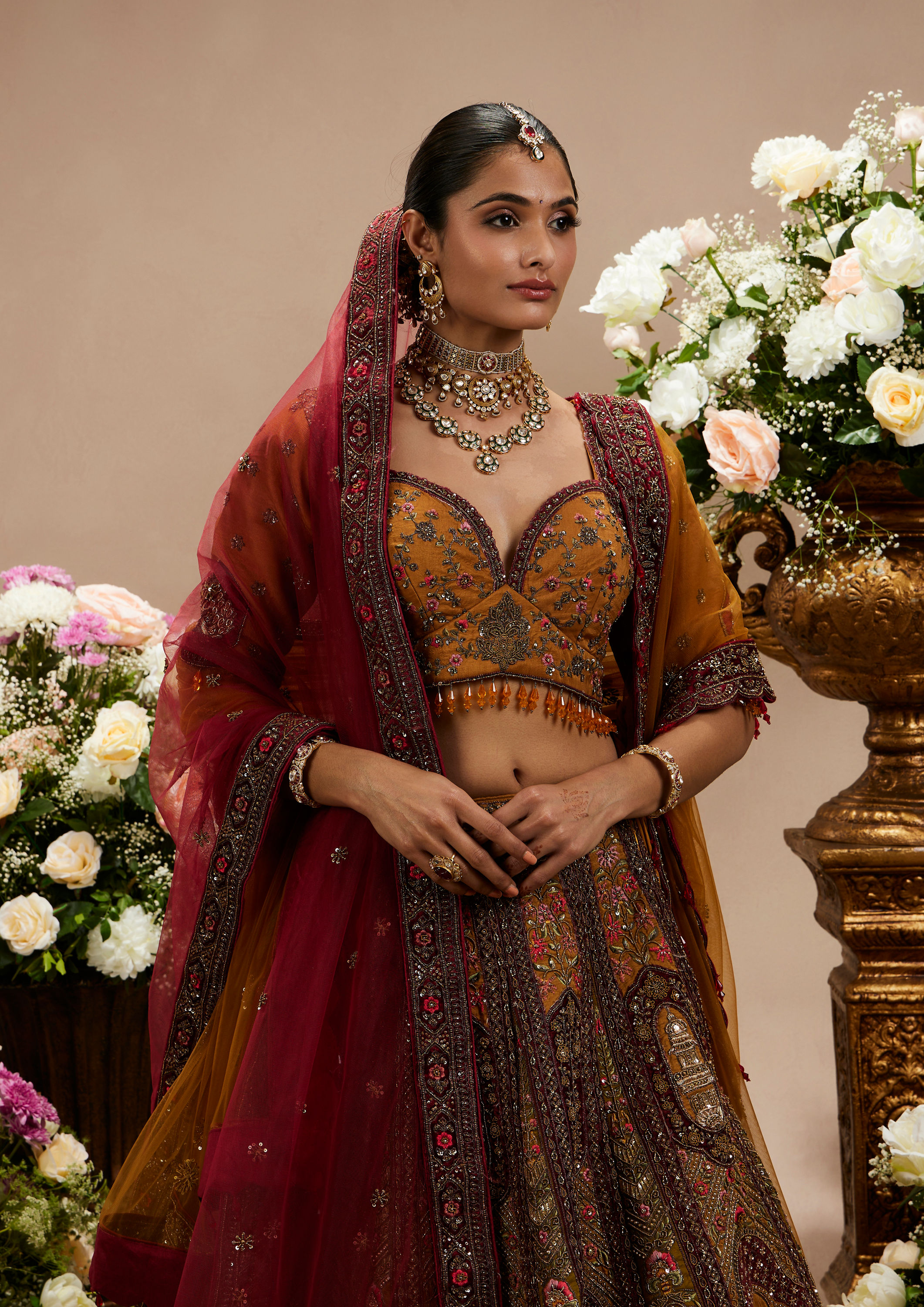Twamev Women Buttercup Yellow Zari Embroidered Lehenga with Darbar Motifs And Floral Butas