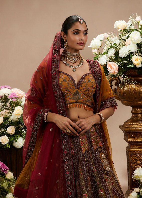 Twamev Women Buttercup Yellow Zari Embroidered Lehenga with Darbar Motifs And Floral Butas